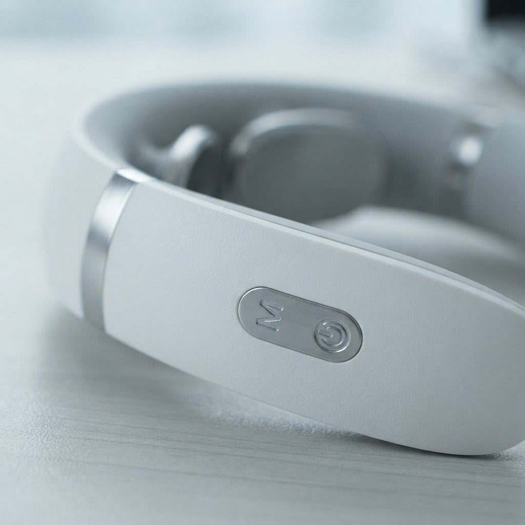 Close-up of a white and silver neck massager showing the control buttons on the headband, resting on a light gray surface.