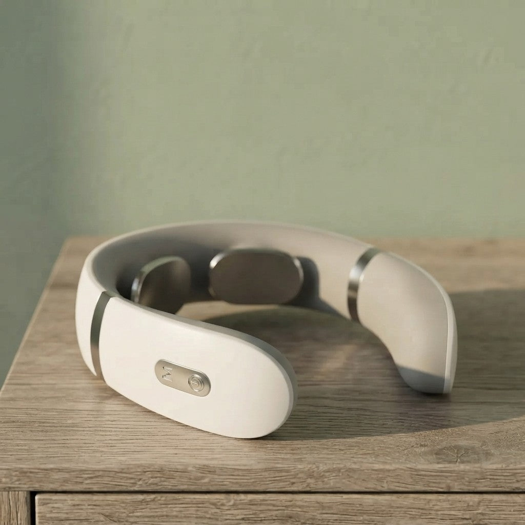 A neck and shoulder massager in a warm off-white color, resting on a wooden surface against a textured sage green wall.