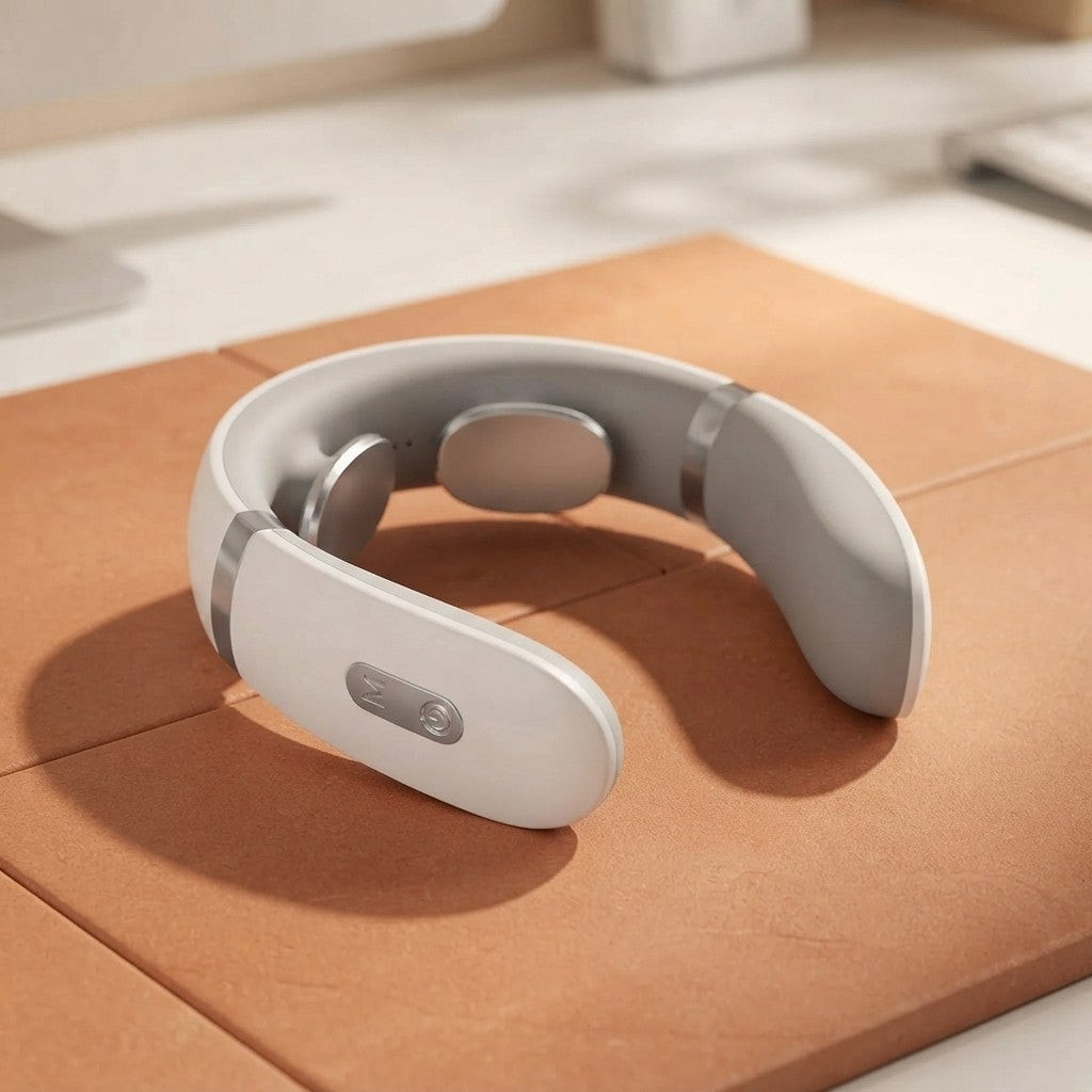 A white and silver neck massager resting on a brown textured mat on a light-colored desk.