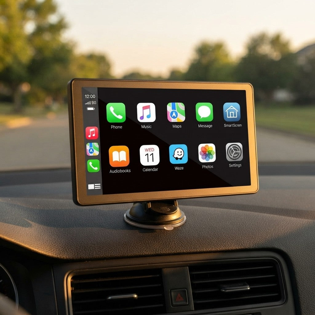 A car stereo touchscreen display mounted on a dashboard air vent with a suction cup holder, showing the Apple CarPlay interface. The background shows a blurred outdoor road scene at sunset.