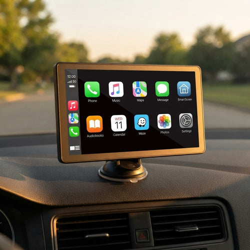 A car stereo touchscreen display mounted on a dashboard air vent with a suction cup holder, showing the Apple CarPlay interface. The background shows a blurred outdoor road scene at sunset.