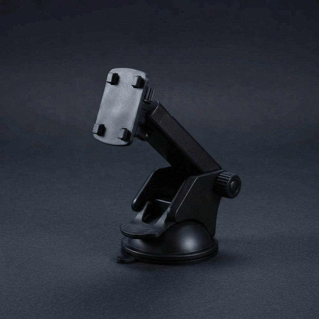 A black plastic suction cup phone mount with an adjustable arm and a mounting clip, shown on a dark gray studio background