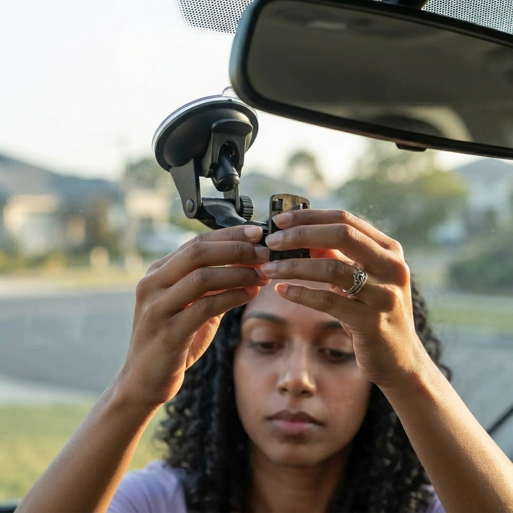 A woman in a car adjusts a small black device mounted on a black suction cup windshield camera. The background shows a blurred outdoor street scene.