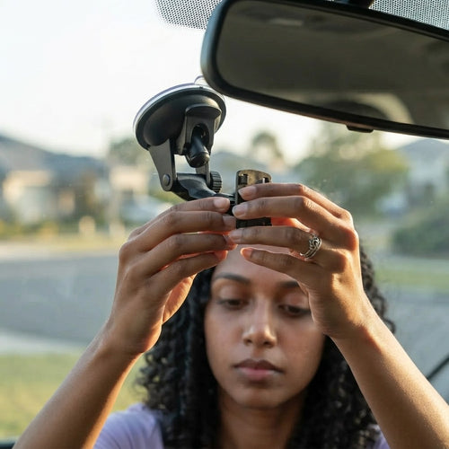 A woman in a car adjusts a small black device mounted on a black suction cup windshield camera. The background shows a blurred outdoor street scene.