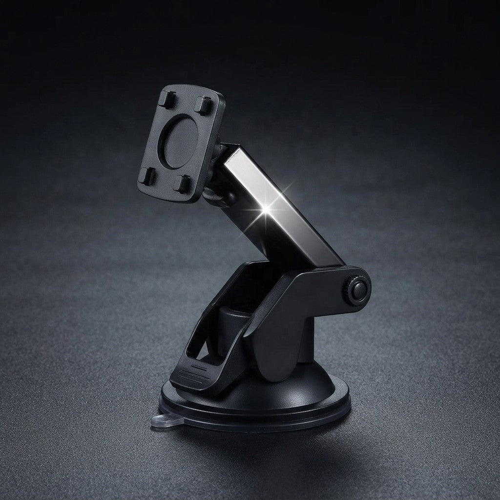 A black adjustable suction cup car mount with a glossy finish, shown on a dark textured studio background.