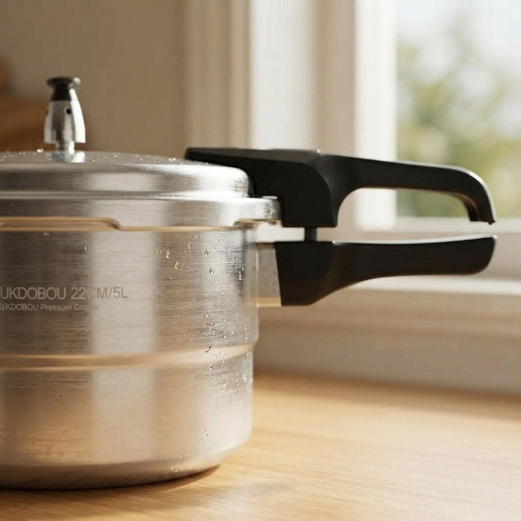 A close-up of a stainless steel pressure cooker with black handles, sitting on a wooden table near a window.
