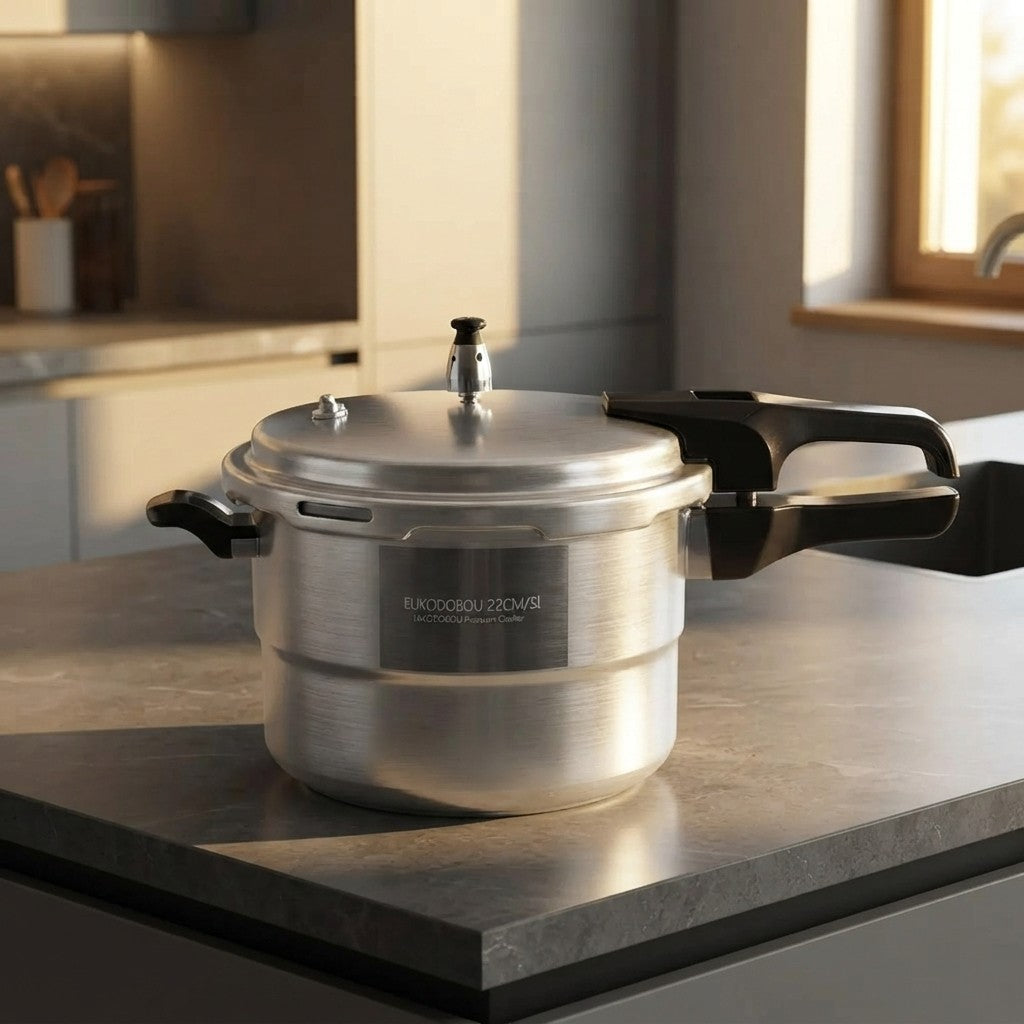 A stainless steel pressure cooker with black handles sits on a dark gray kitchen countertop in a modern kitchen setting.