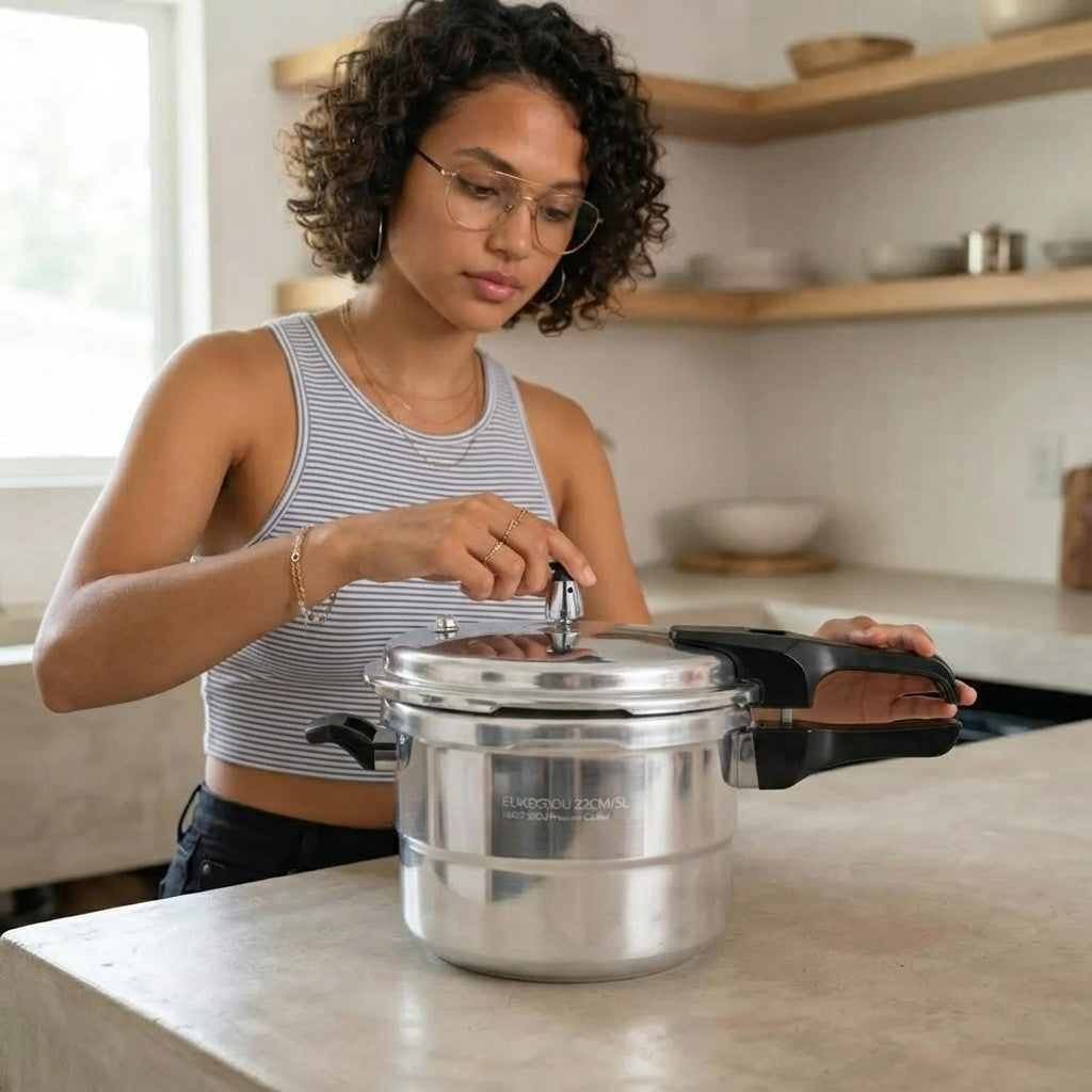A woman with curly hair and glasses is shown in a kitchen setting, opening a stainless steel multi-tier pressure