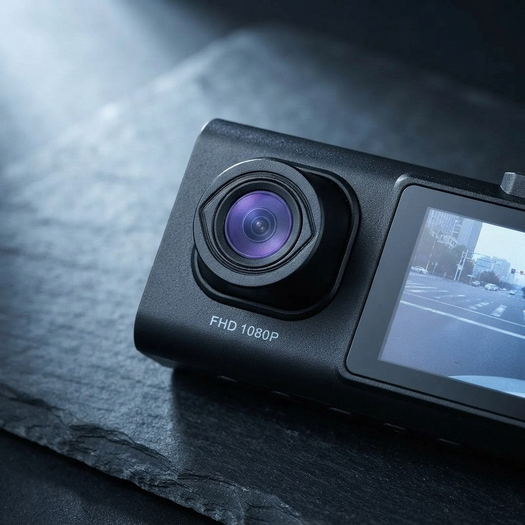 A black dash cam with a large front lens and a side screen displaying a street scene, resting on a dark textured surface. The camera body is matte black with 'FHD 1080P' printed in white near the lens.