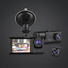 Black 3-in-1 car dash camera set with a suction mount, front-facing camera, and a separate rear backup camera, shown on a dark gray background