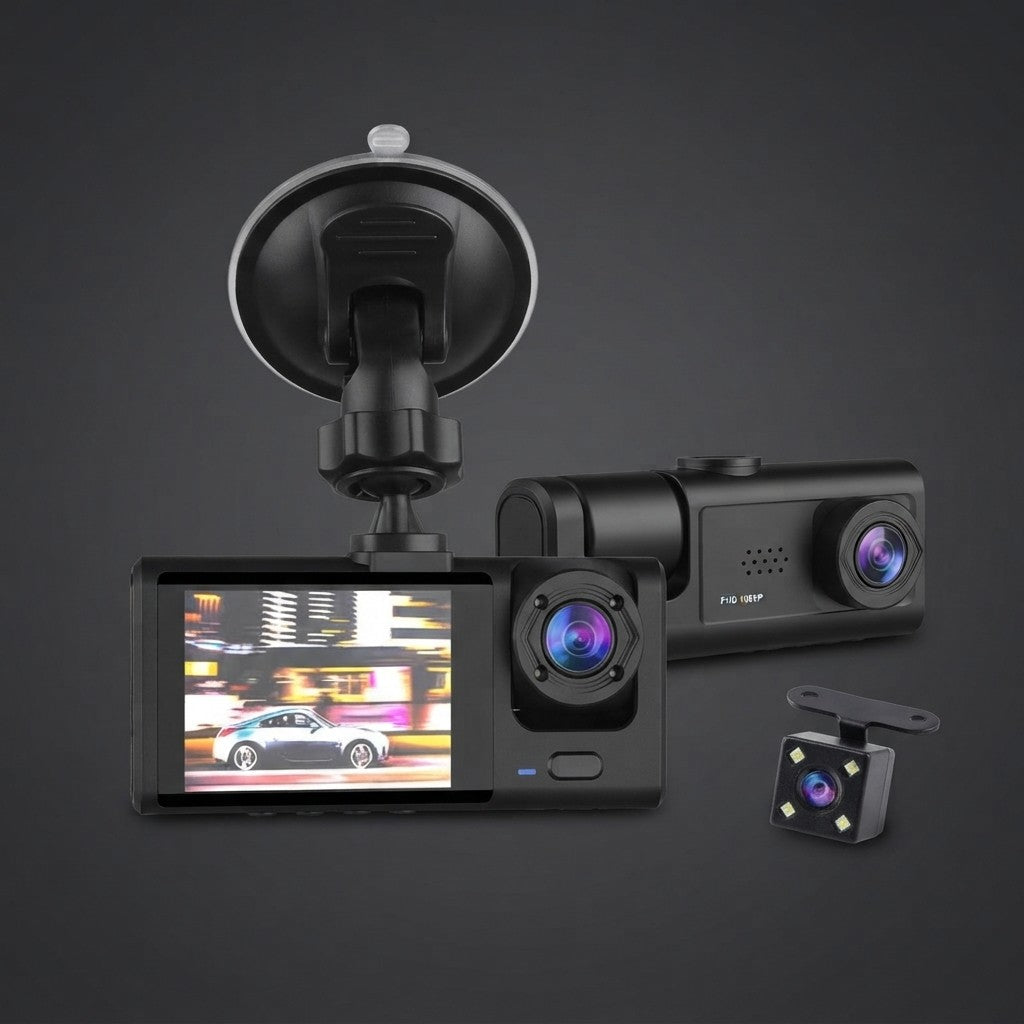 Black 3-in-1 car dash camera set with a suction mount, front-facing camera, and a separate rear backup camera, shown on a dark gray background