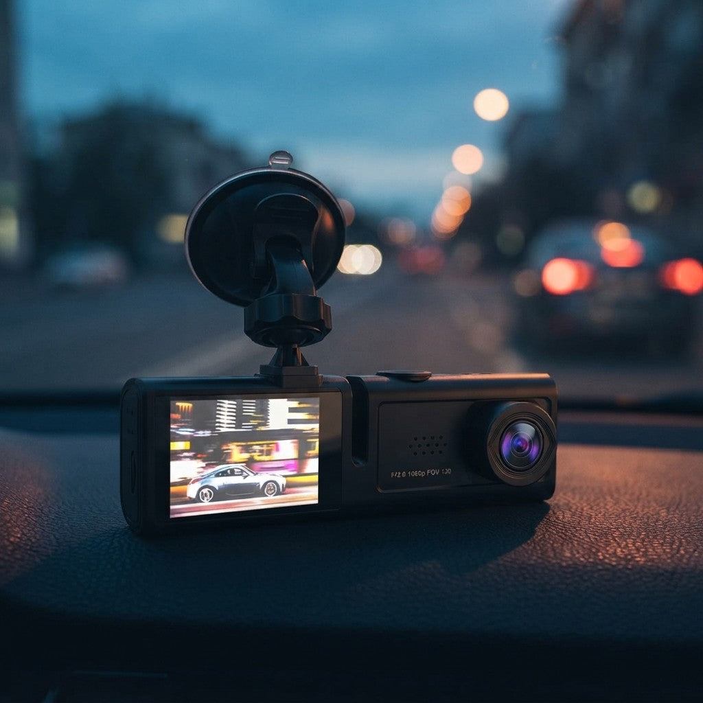 A black car dashcam with a suction mount attached to a dashboard, with a blurred city street scene at dusk in the background.