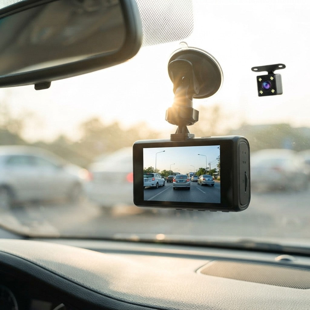 A black car dash cam with a suction cup mount and a small rear camera accessory, shown installed on a car windshield with a blurred road scene behind it.