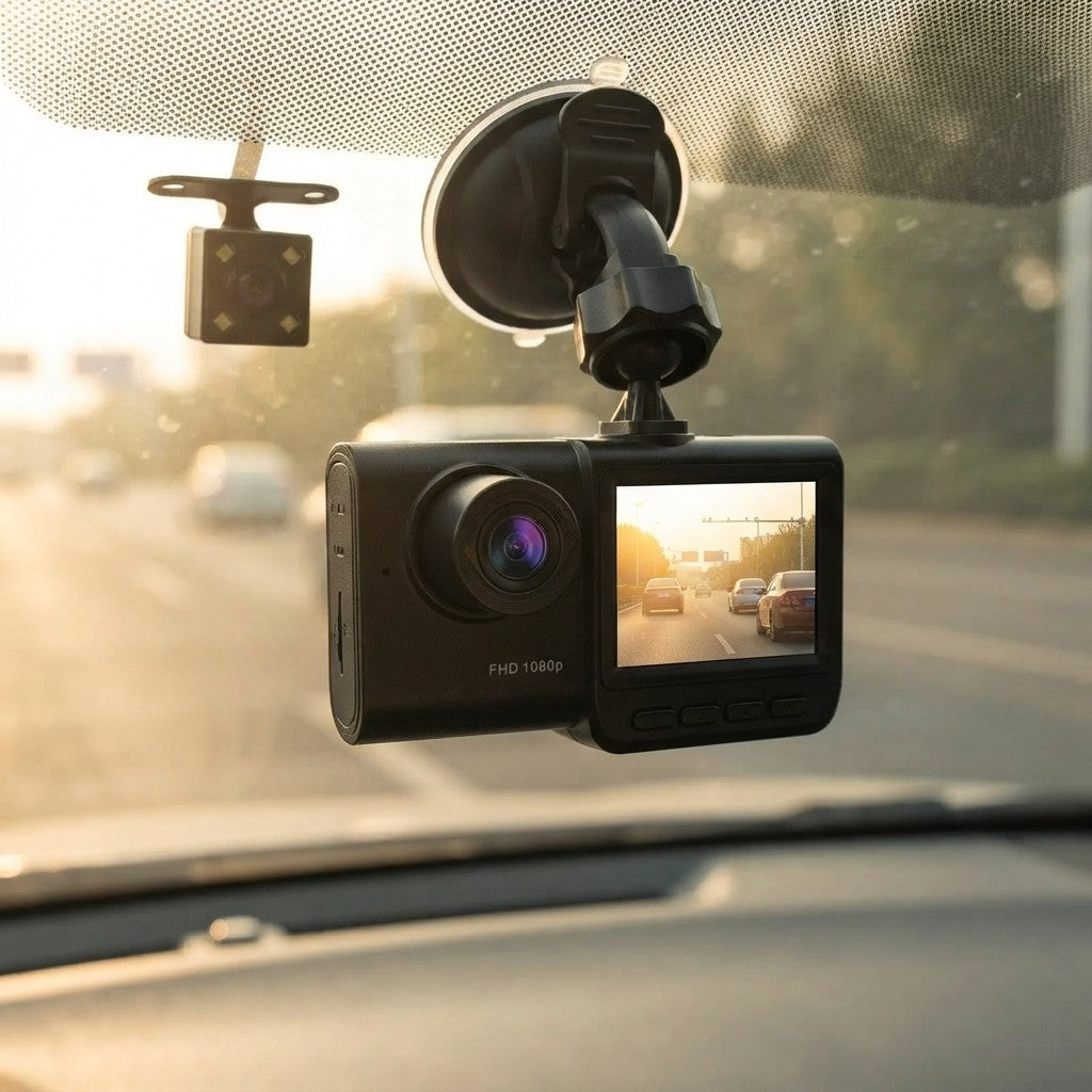 A black 1080p dash camera with a built-in screen, mounted on a black suction cup bracket attached to a car windshield. The camera is shown in a real-world car environment with a blurred road and warm sunset light filtering through the windshield.