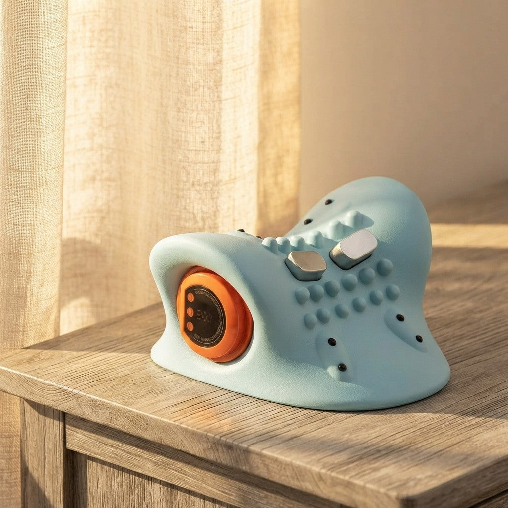 A light blue ergonomic desk accessory with an orange circular detail and silver buttons, resting on a wooden table next to a beige curtain.