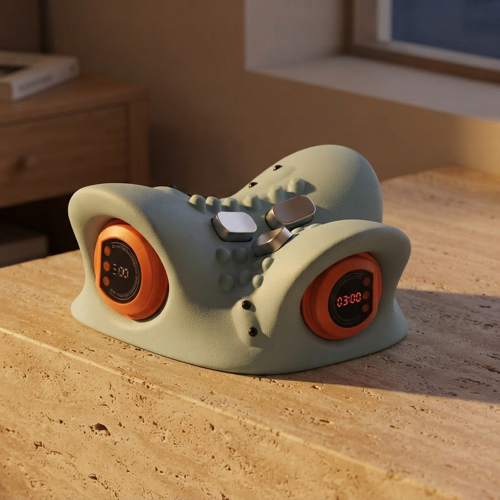 A retro-style silicone game controller clock sits on a textured wooden tabletop in a warm, sunlit room. The controller is sage green with orange circular accents around digital displays showing the time and date, with two silver buttons on top.