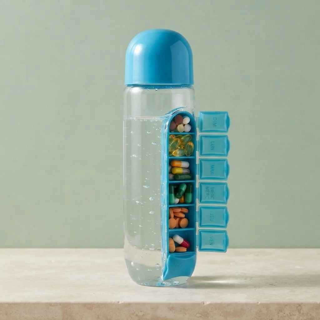 A clear plastic pill bottle with a bright blue cap and integrated weekly pill organizer panel, shown on a light beige surface against a soft sage green background.