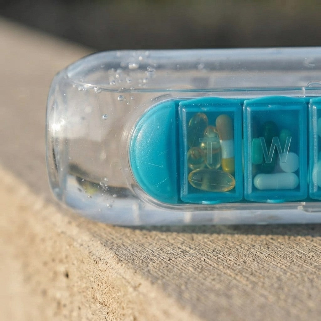 A close-up of a clear plastic pill organizer case lying on a textured beige surface, with turquoise compartments containing capsules and pills visible inside.