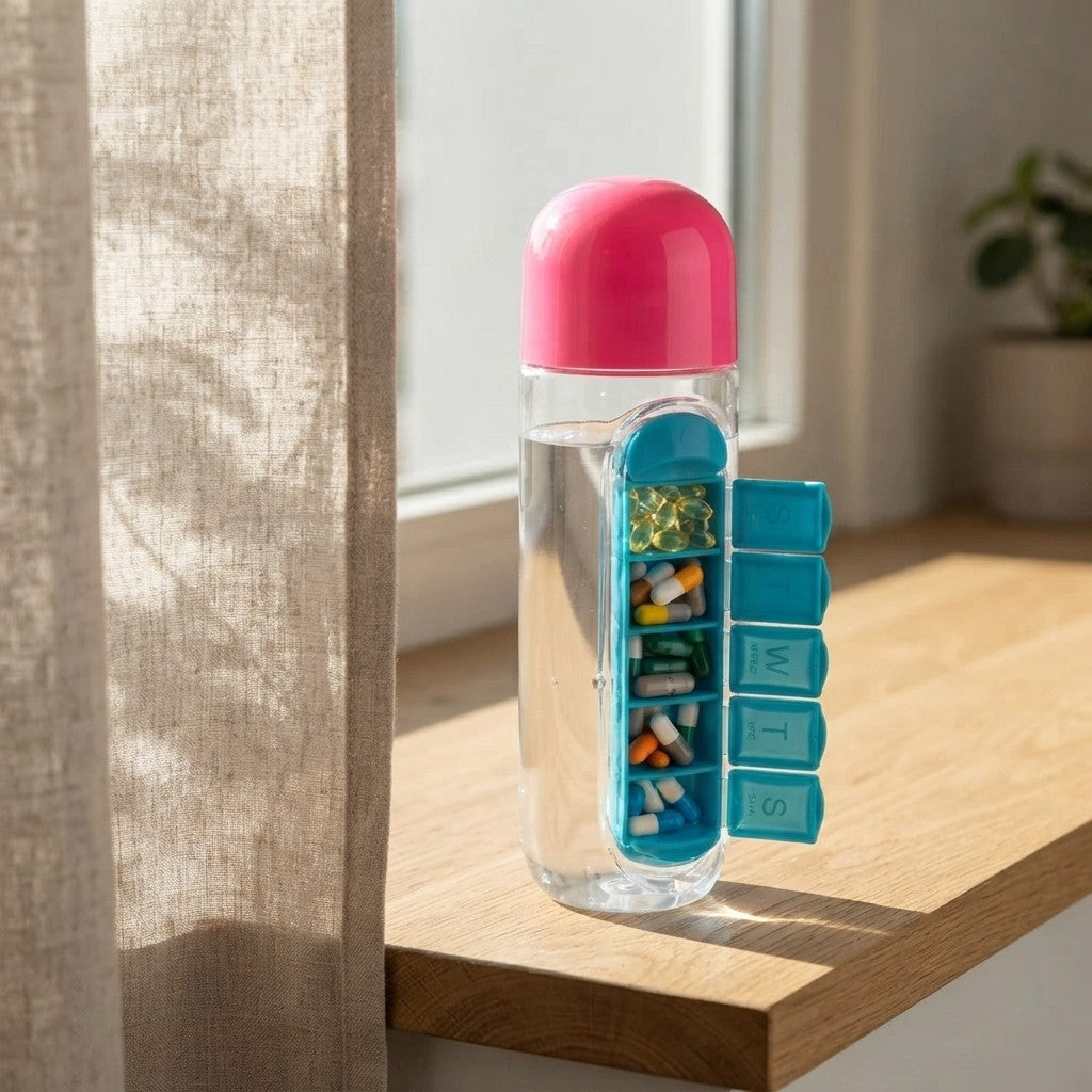 A clear pill bottle with a bright pink cap and a blue weekly pill organizer panel, shown on a wooden windowsill in natural light.