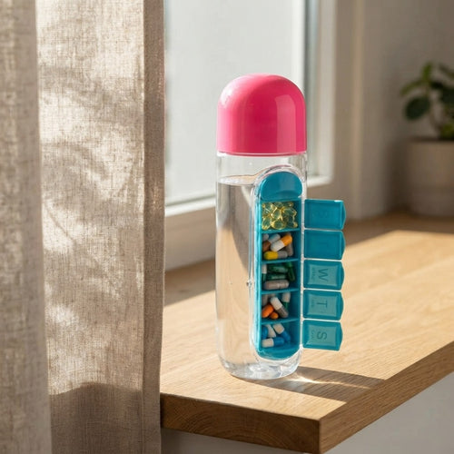 A clear pill bottle with a bright pink cap and a blue weekly pill organizer panel, shown on a wooden windowsill in natural light.