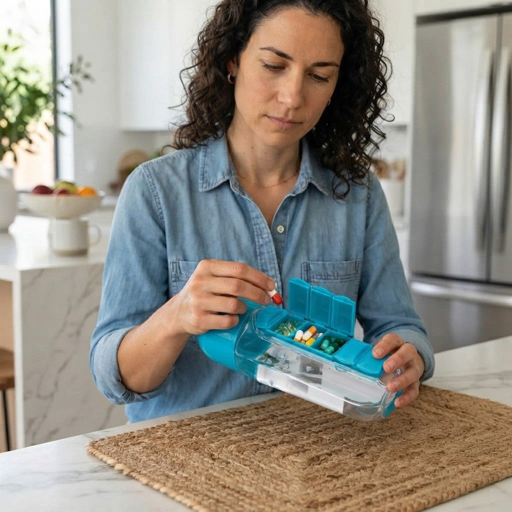 A woman in a blue denim shirt is shown in a bright kitchen setting, holding and demonstrating a teal and clear pill organizer with colorful capsules.